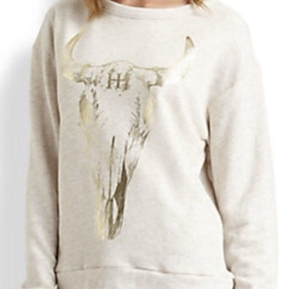 Haute Hippie Pullover Sweatshirt Longhorn Cow Skull Oatmeal Cream/Gold Size XS/S